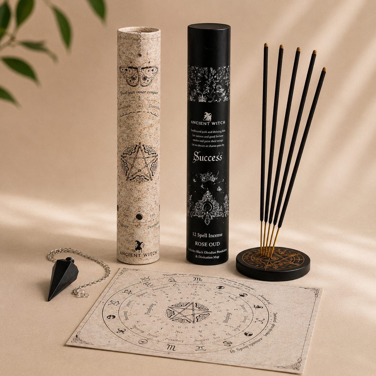Kit ésotérique complet avec pendule divinatoire noir, encens rituel et carte de divination dans une ambiance mystique chaleureuse.