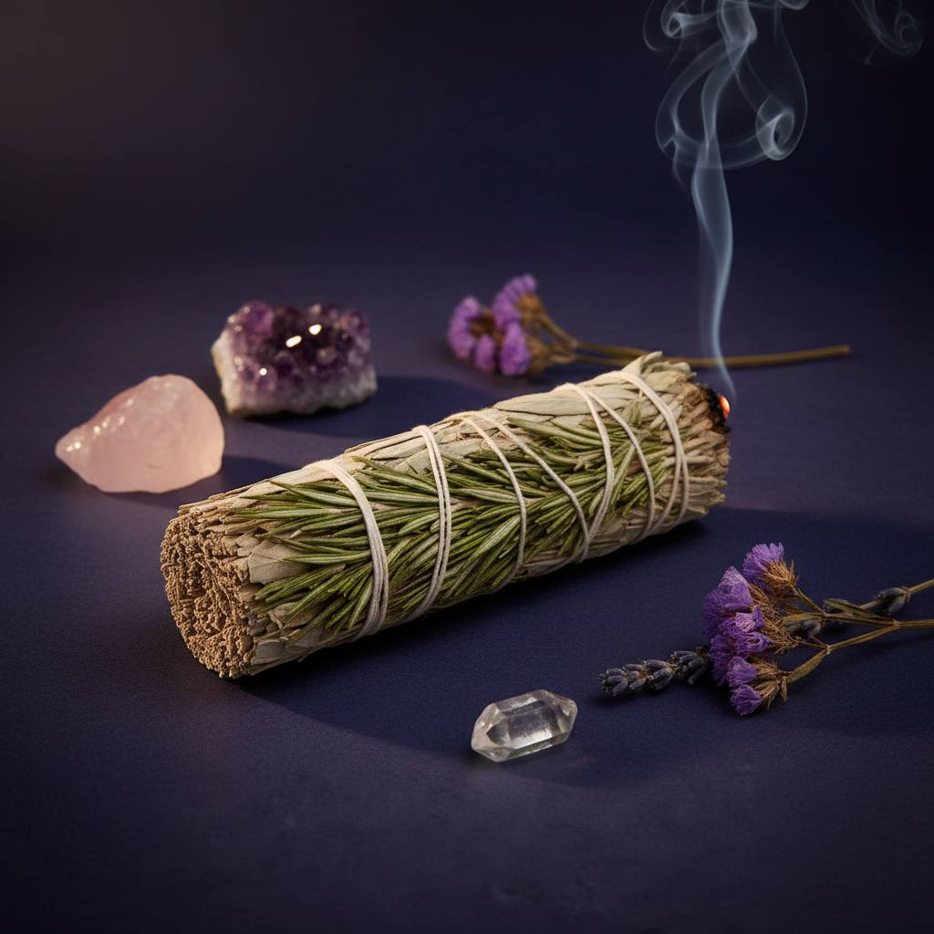 Bâton de fumigation sauge blanche et romarin avec volute de fumée sur fond sombre, entouré de cristaux et fleurs séchées