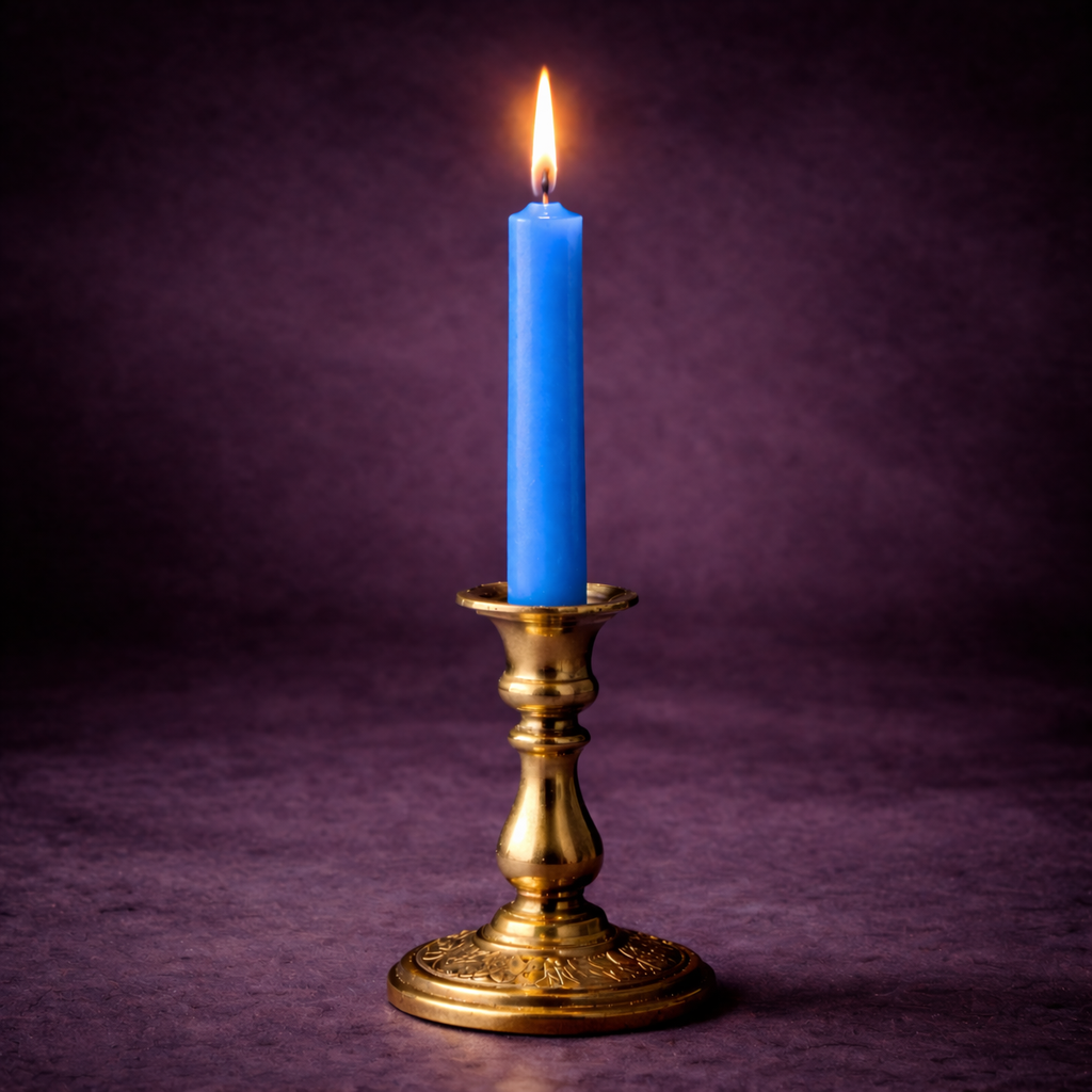 bougie rituelle bleue allumee dans chandelier magie apaisement protection serenite rituel