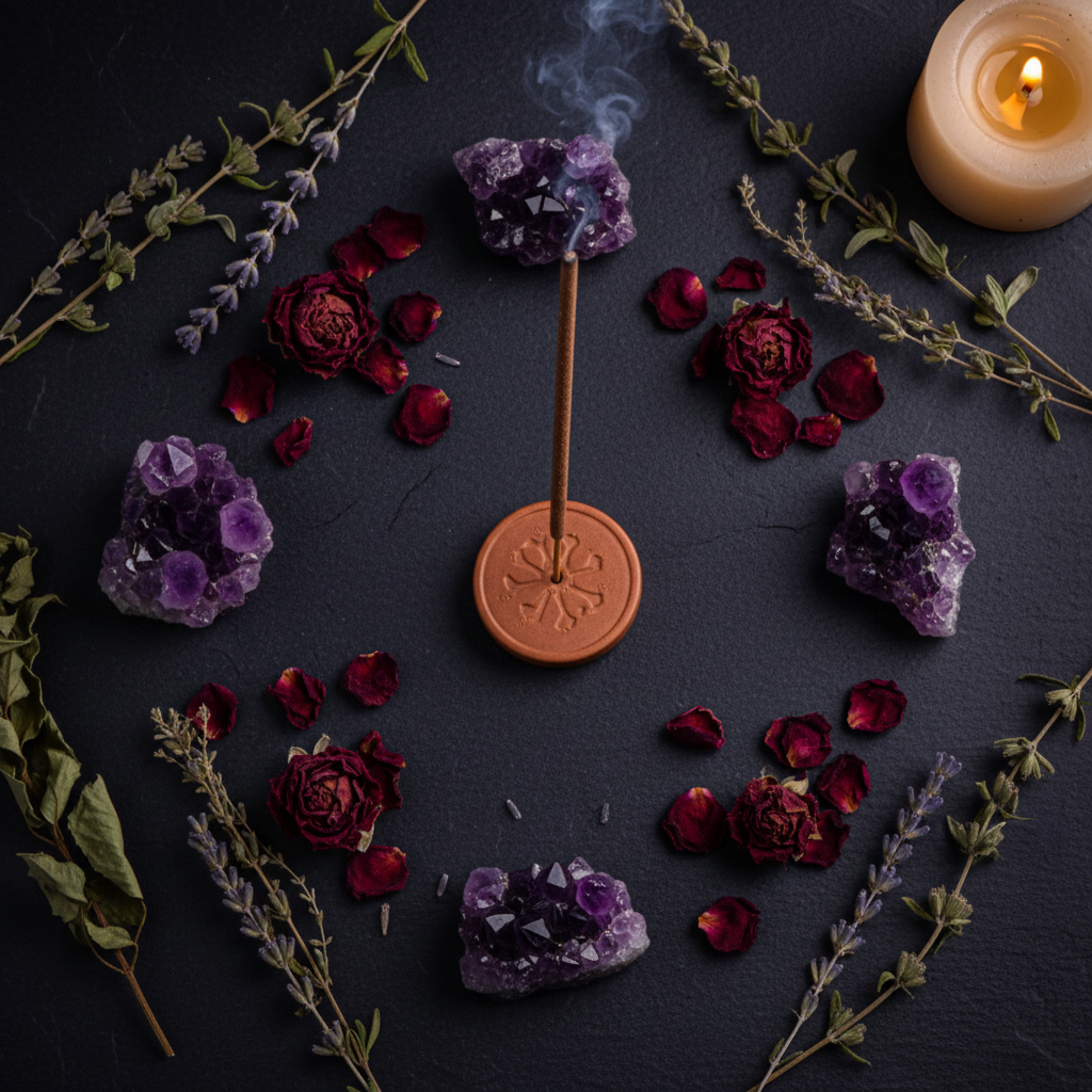 Vue du dessus de bâtonnets d'encens de rituel et support en céramique sur ardoise noire avec cristaux d'améthyste et pétales de rose séchés