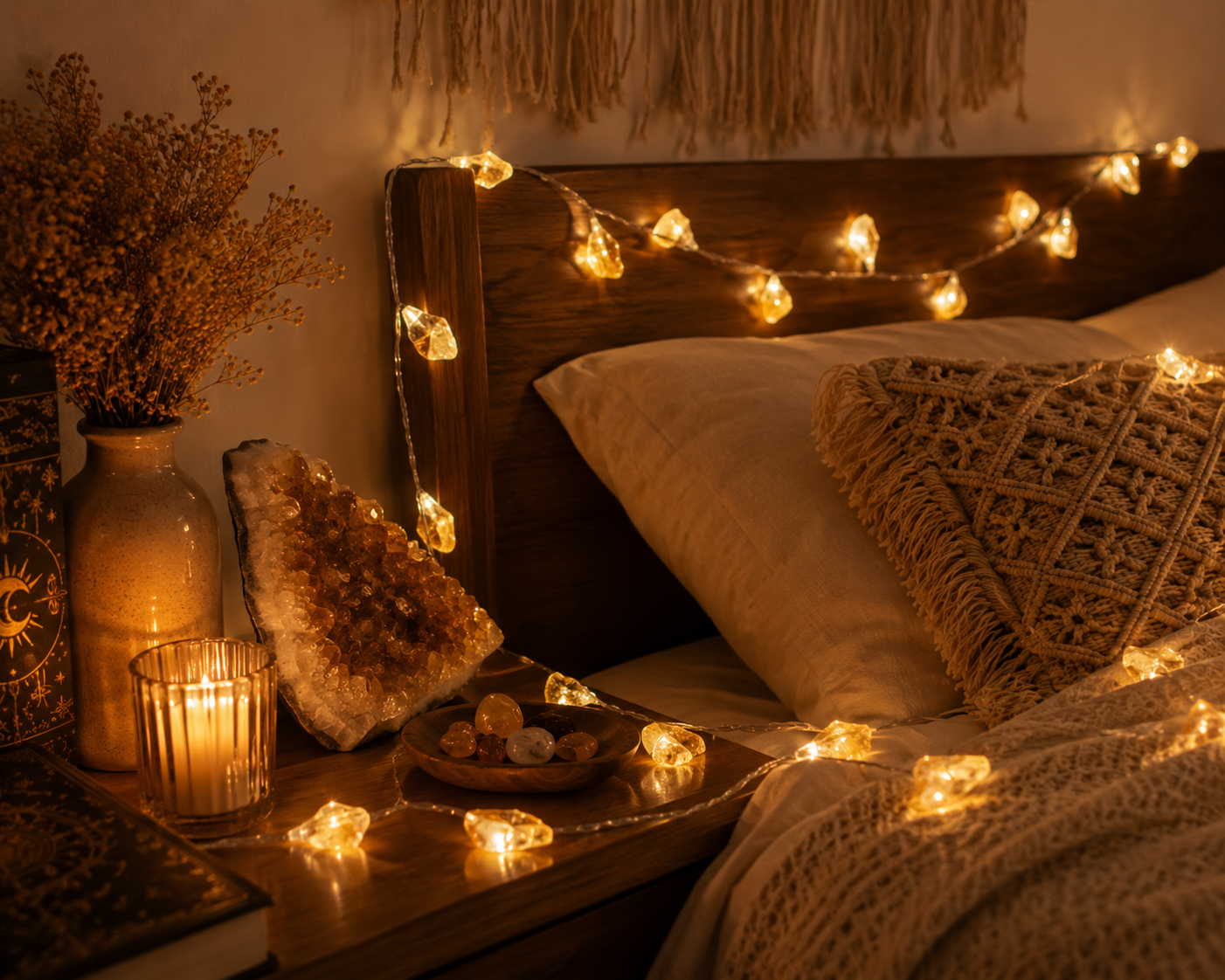 Guirlande lumineuse inspirée de la pierre Citrine installée dans une chambre pour créer une ambiance chaleureuse et apaisante