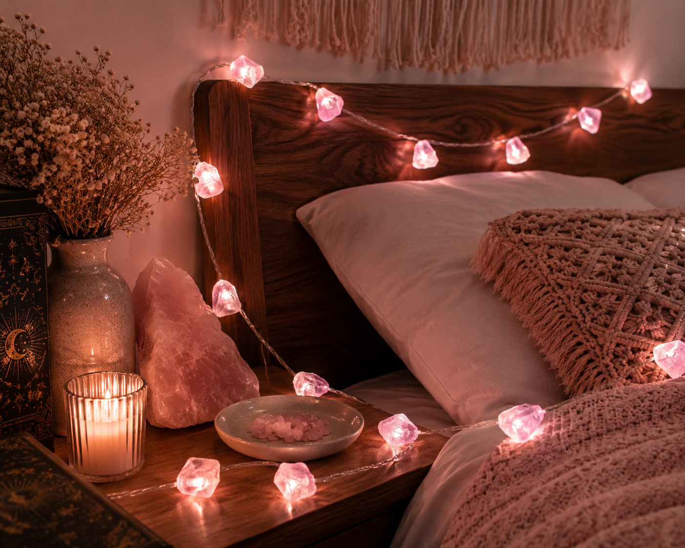 Guirlande lumineuse inspirée du Quartz Rose installée dans une chambre pour créer une ambiance douce et réconfortante