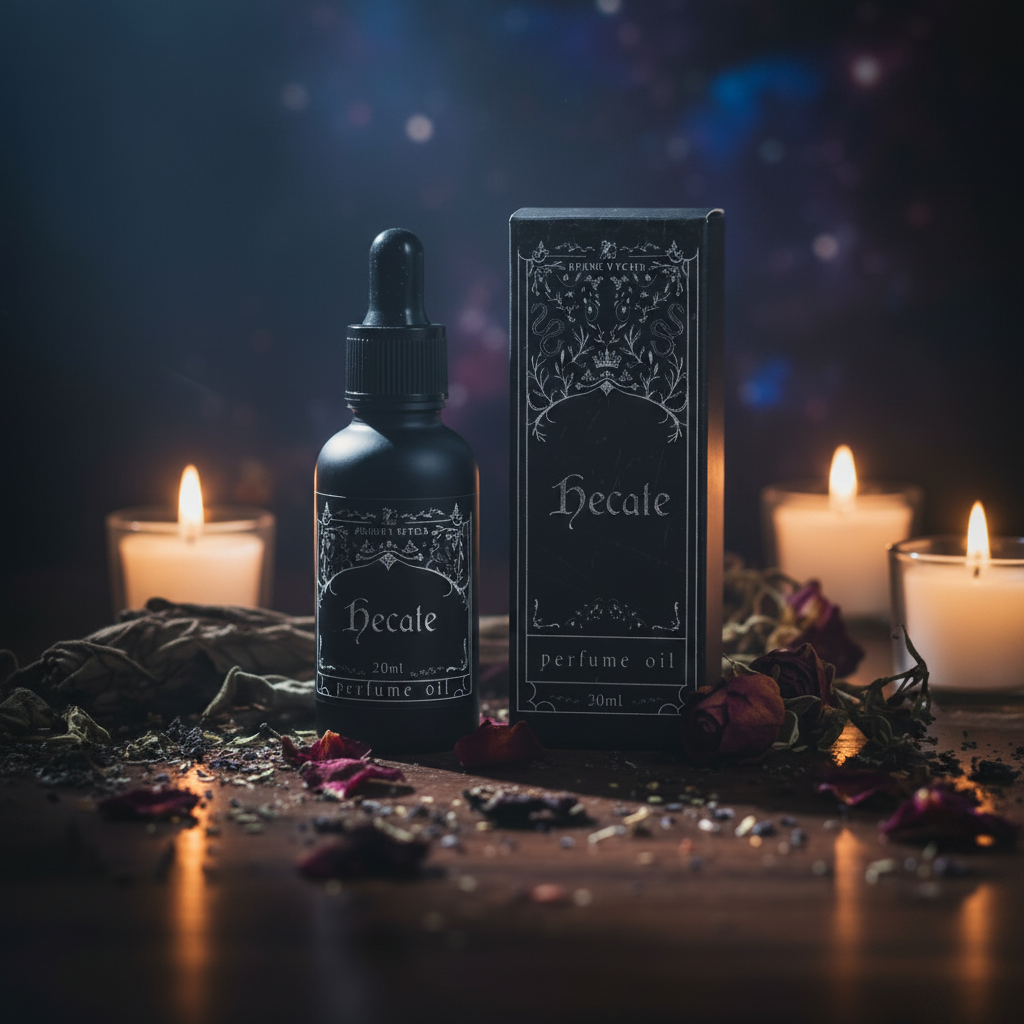 Contenant luxe avec pipette huile parfumée sur fond mystique