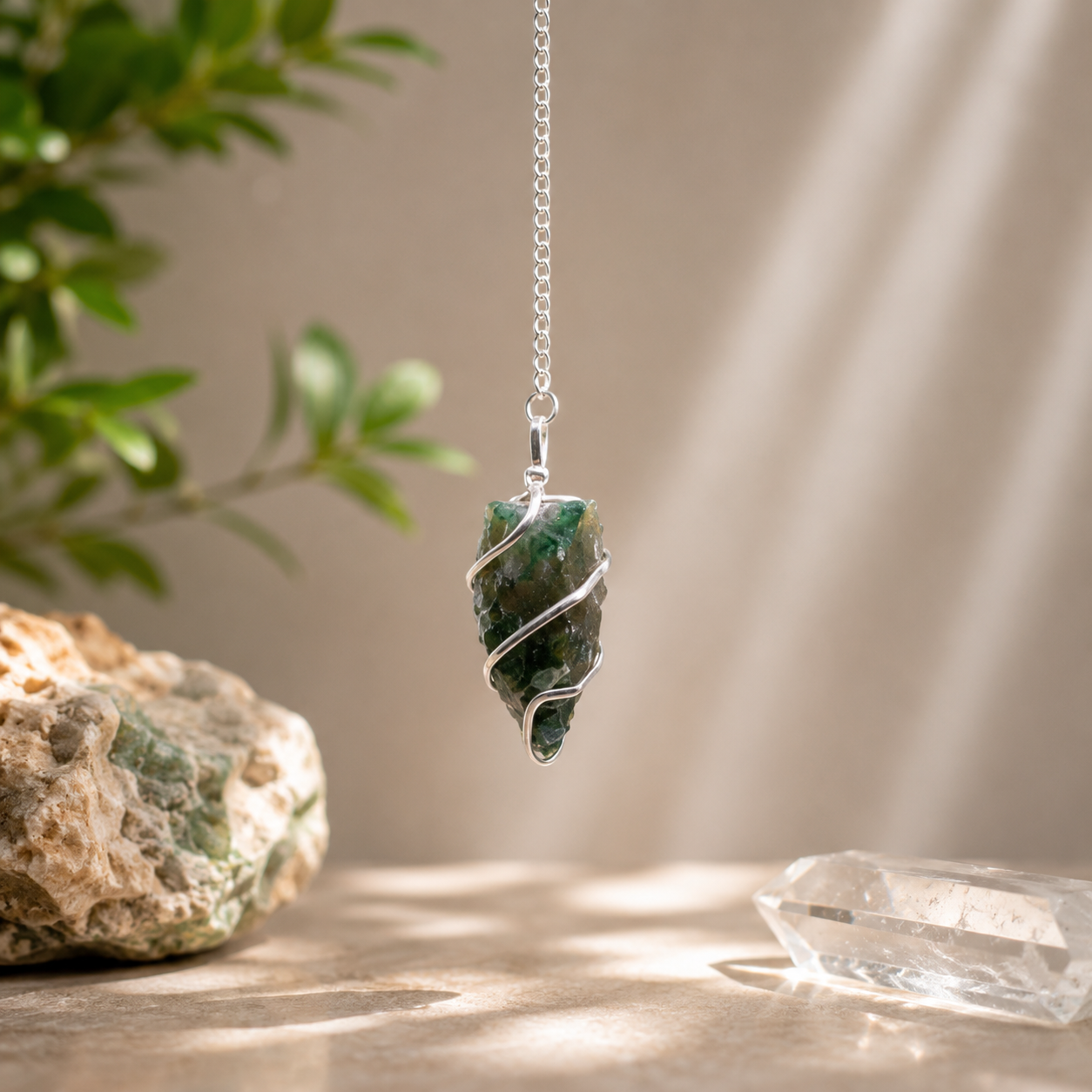 pendule suspendu decor pierres naturelles et plante verre