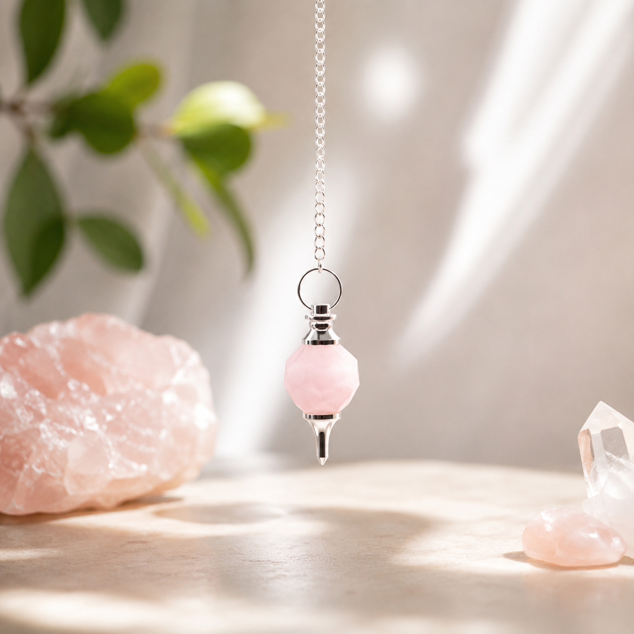 Pendule en quartz rose suspendu chaine argentée décor quartz et plante verte