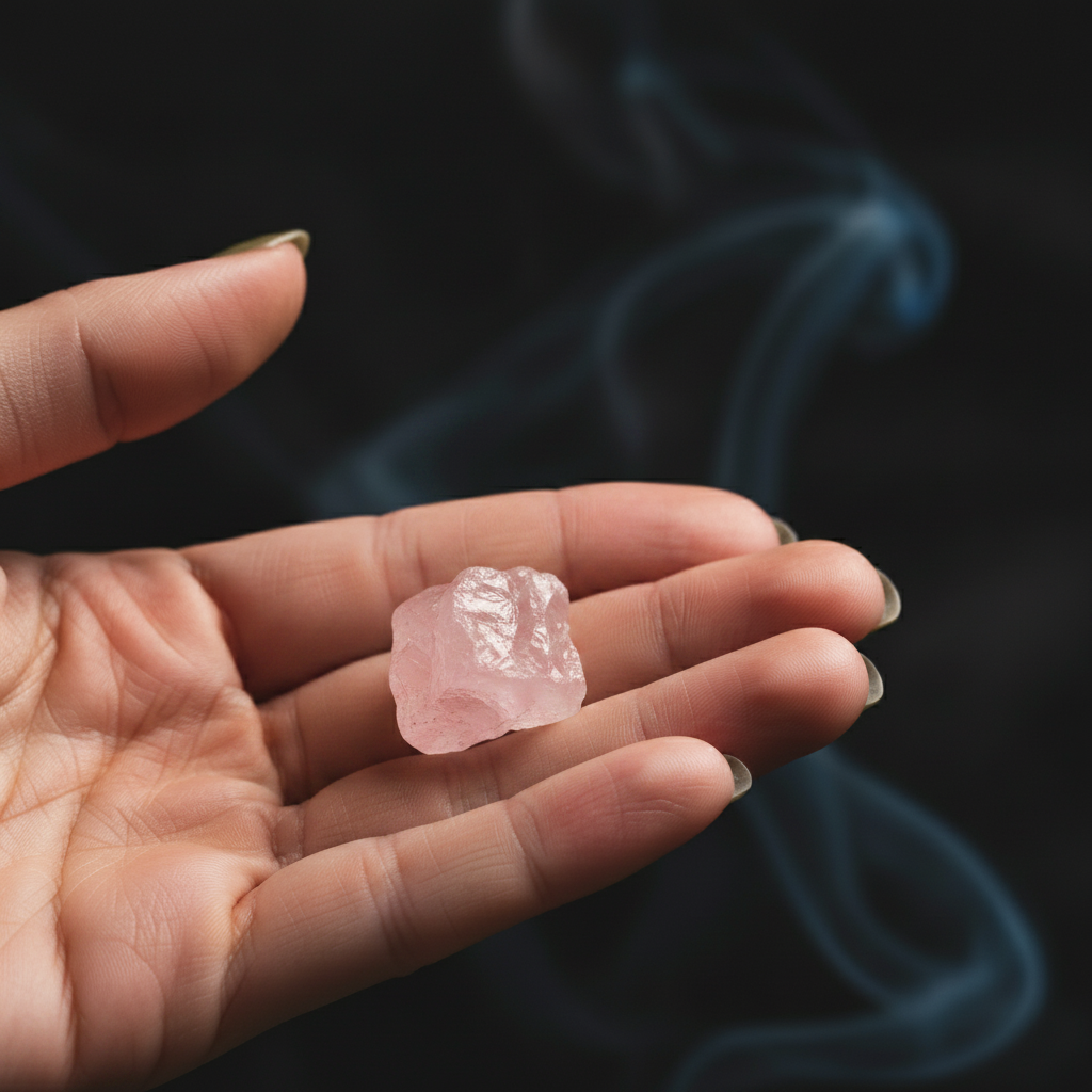 Main tenant délicatement une pierre de quartz rose brute aux teintes roses douces et translucides sur fond sombre