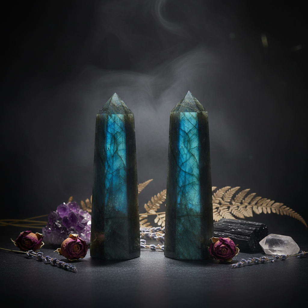 Pointes de labradorite aux reflets irisés bleu-vert sur fond sombre, entourées de fleurs séchées et cristaux