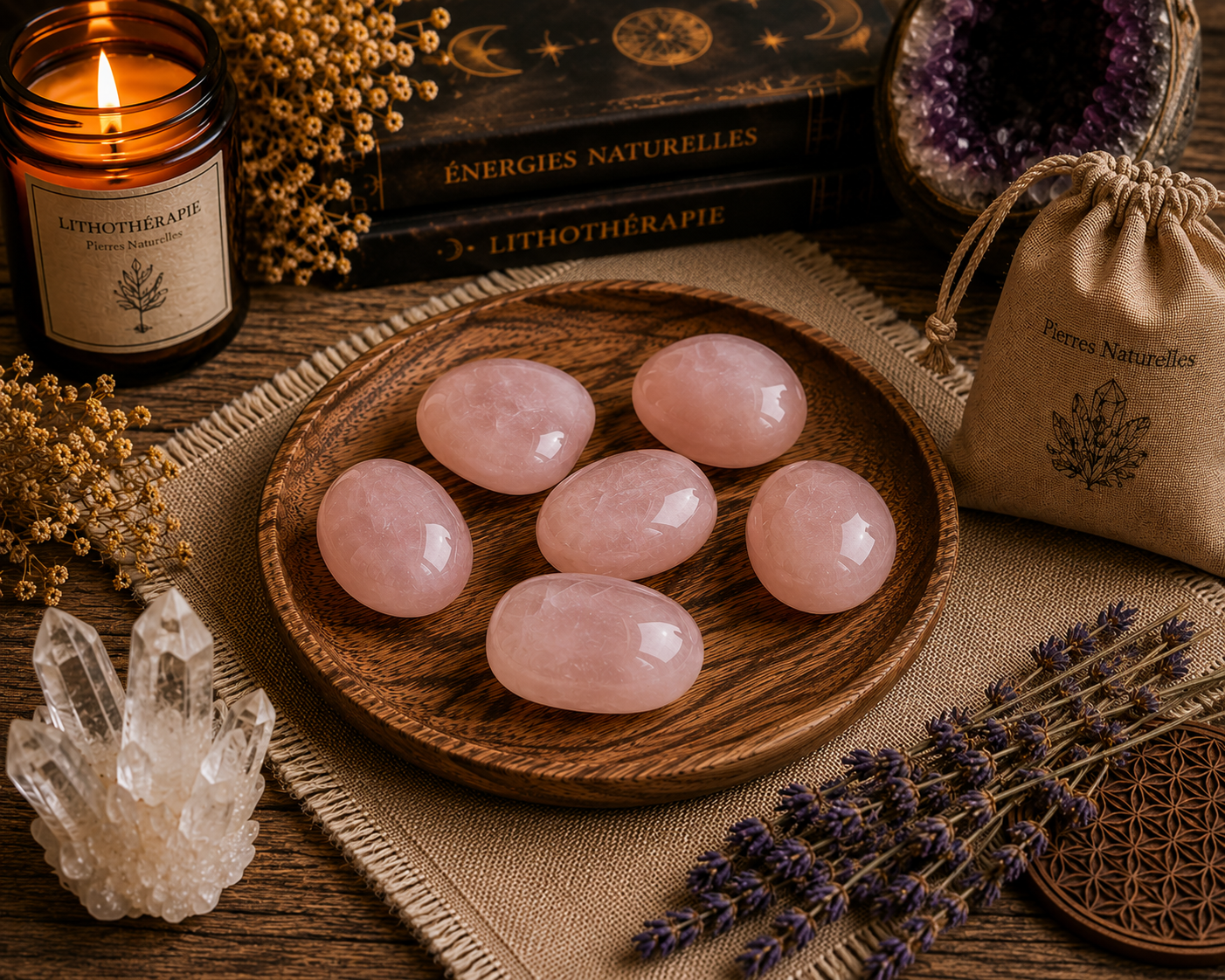 Sachet de 6 pierres roulées en quartz rose naturel présentées sur un plateau en bois dans une ambiance chaleureuse de lithothérapie avec bougie, lavande et cristaux.
