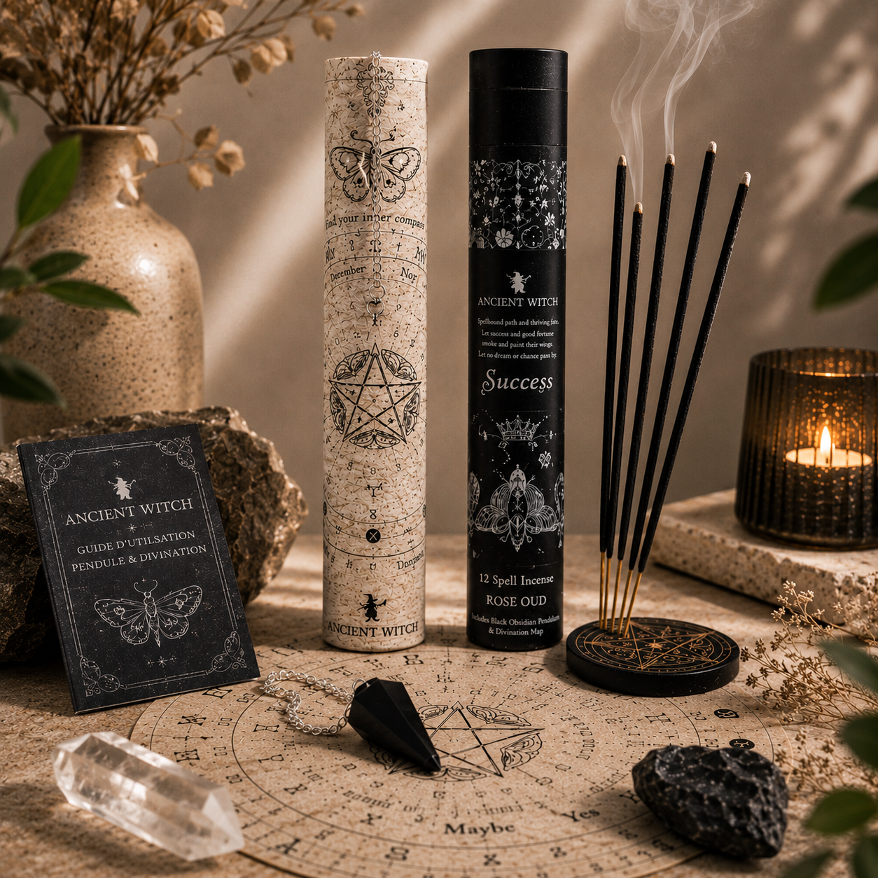 Coffret de divination avec pendule en obsidienne noire, encens Rose Oud et support de guidance spirituelle sur fond beige ésotérique.