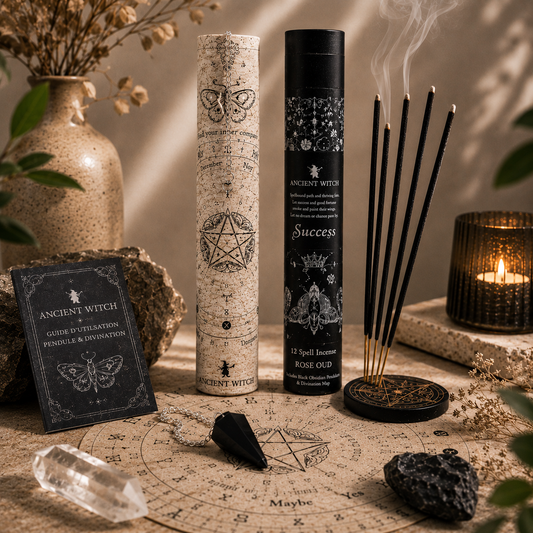 Coffret de divination avec pendule en obsidienne noire, encens Rose Oud et support de guidance spirituelle sur fond beige ésotérique.