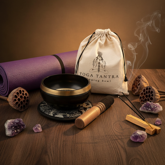 Coffret bol chantant Yogi 14 cm posé sur son coussin entouré d'un tapis de yoga enroulé, cristaux d'améthyste, encens et fleurs de lotus sur bois sombre