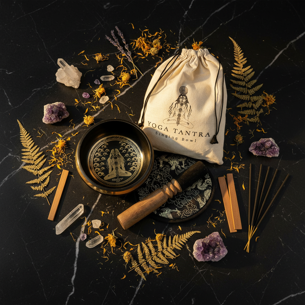 Flat lay du coffret cadeau bol chantant Yogi complet : bol sur coussin, maillet, pochette, cristaux et fleurs séchées sur marbre noir, vue du dessus
