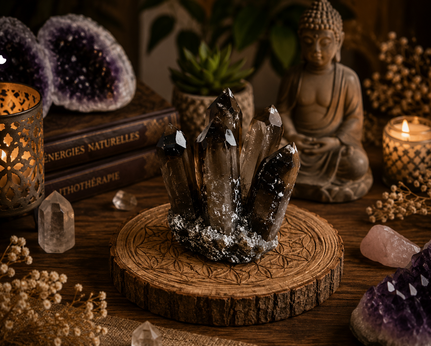 Amas de quartz fantôme fumé naturel avec cristaux sombres pour décoration spirituelle et collection minérale