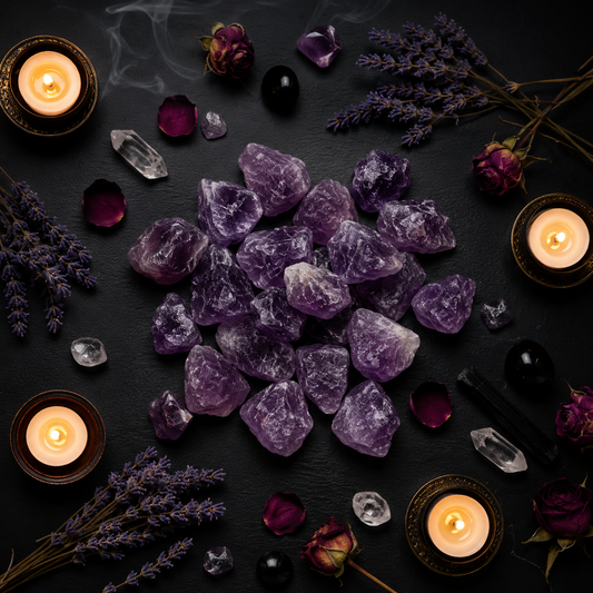 Améthyste brute 500 g, pierre naturelle violette de sérénité et d'équilibre spirituel, mise en scène dans une ambiance ésotérique.
