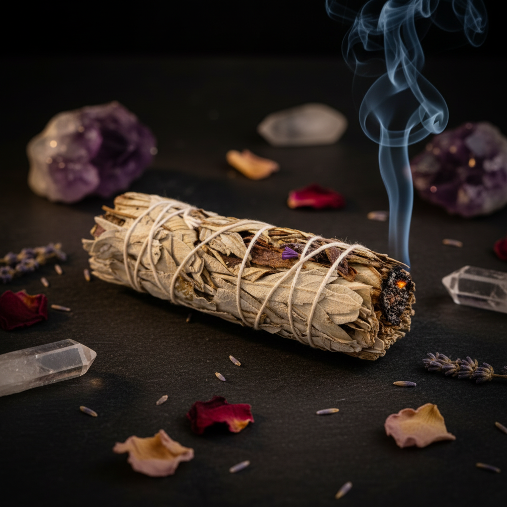 Bâton de sauge blanche et yerba santa avec volute de fumée sur fond sombre, entouré de cristaux et pétales séchés