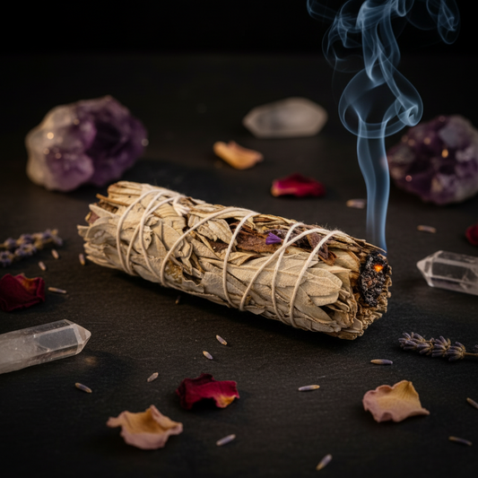 Bâton de sauge blanche et yerba santa avec volute de fumée sur fond sombre, entouré de cristaux et pétales séchés