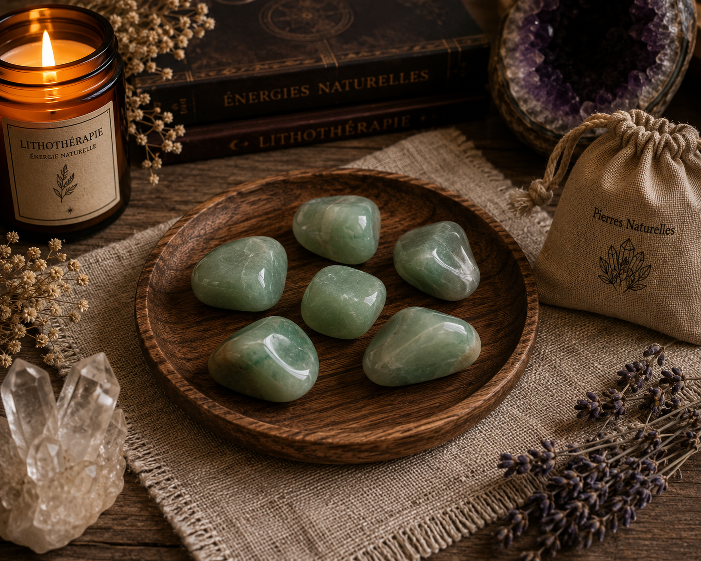 Lot de 6 pierres roulées en aventurine verte naturelle pour lithothérapie et décoration spirituelle