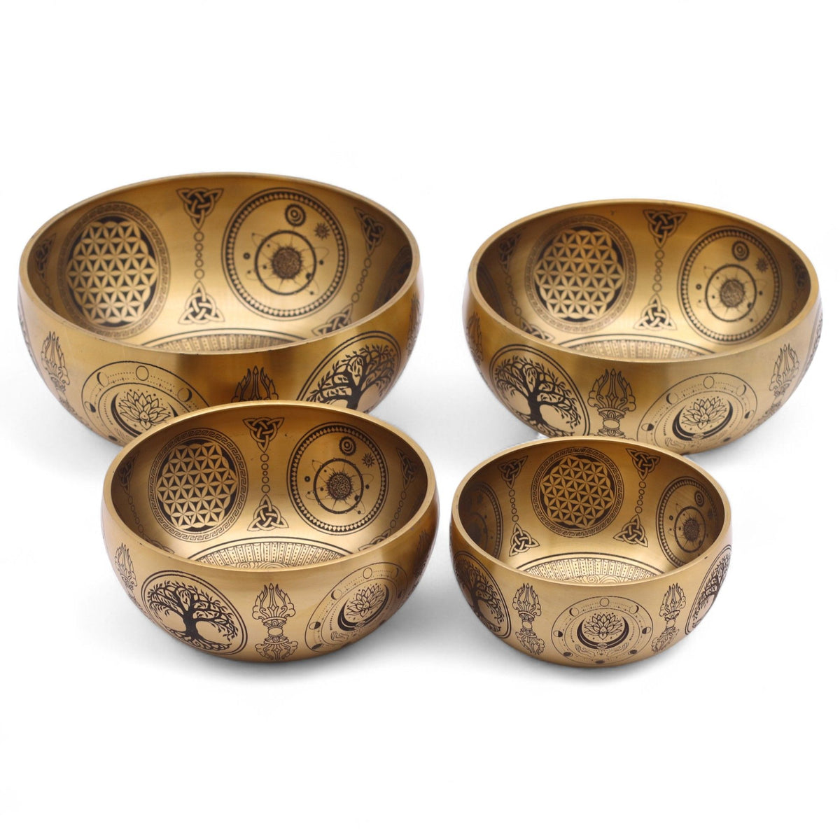 Coffret 4 Bols Chantants en Laiton Gravés Bouddha • 3,85kg