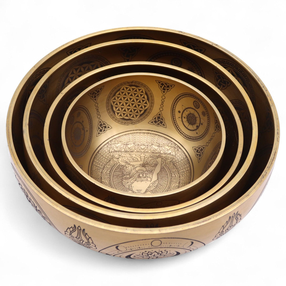 Coffret 4 Bols Chantants en Laiton Gravés Bouddha • 3,85kg