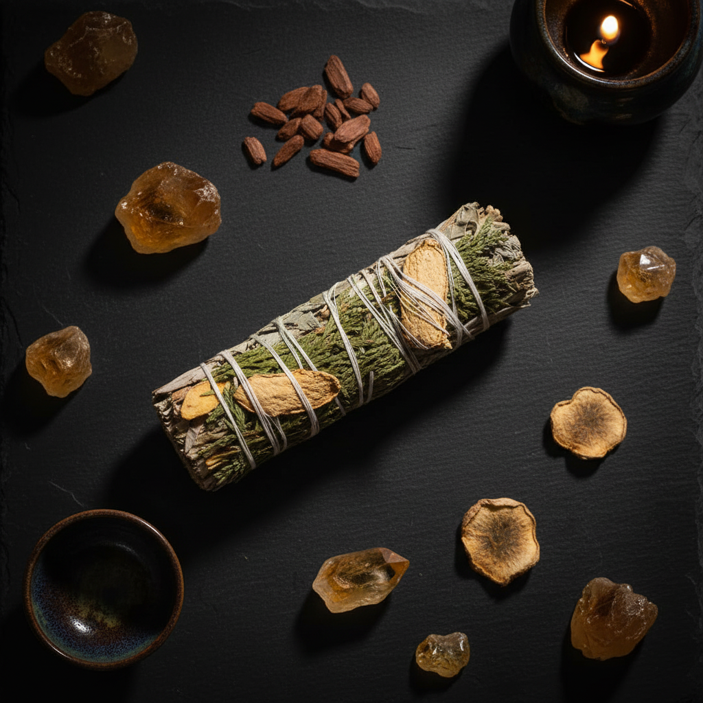 Vue du dessus d'un bâton de sauge blanche, gingembre et cèdre sur ardoise noire avec cristaux de citrine, copeaux de cèdre, tranches de gingembre séché et bol en céramique