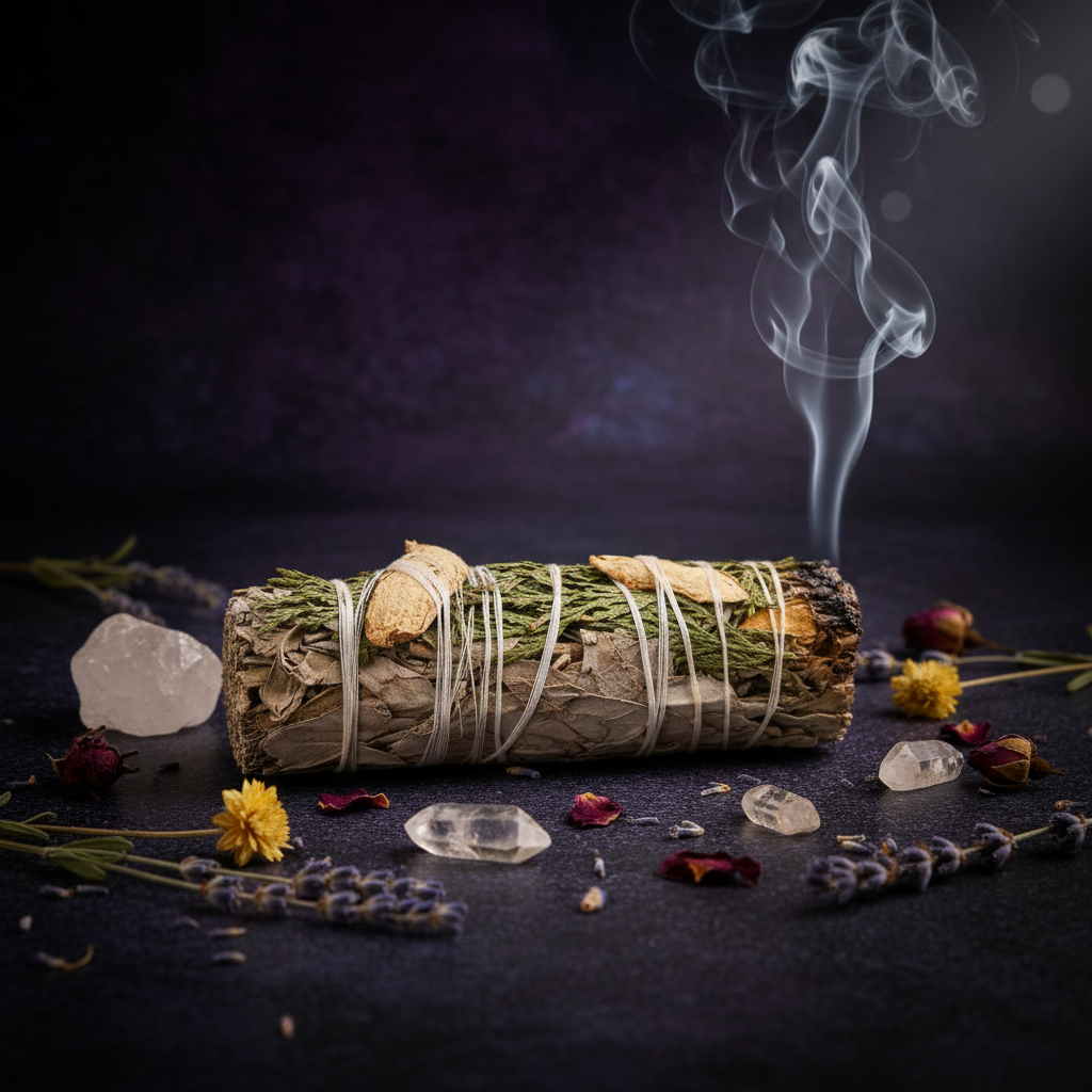 Bâton de sauge blanche, gingembre et cèdre avec volute de fumée sur fond sombre, entouré de cristaux et fleurs séchées