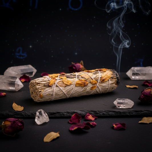 Bâton de sauge blanche et ail avec volute de fumée sur fond sombre, entouré de cristaux et pétales séchés