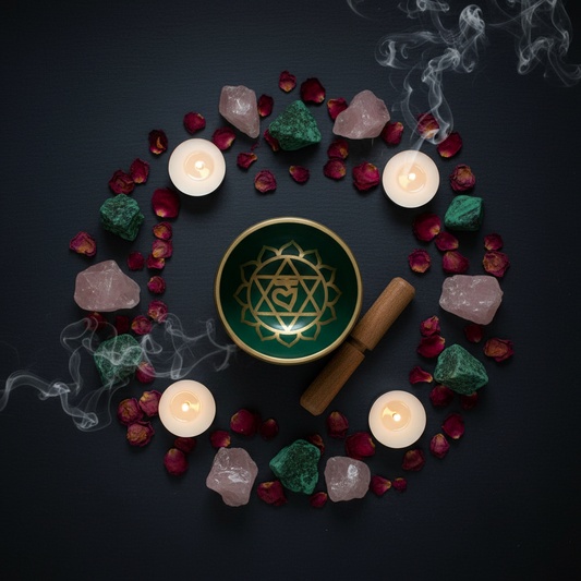 Vue du dessus d'un bol chantant chakra cœur vert sur ardoise noire avec quartz rose, malachite et pétales séchés