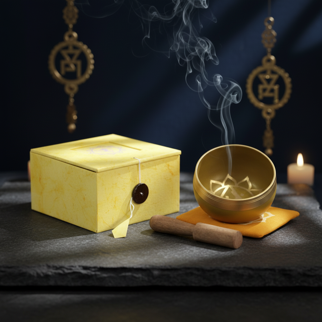 Bol chantant chakra plexus solaire présenté avec son packaging élégant sur fond sombre, idéal comme cadeau ésotérique