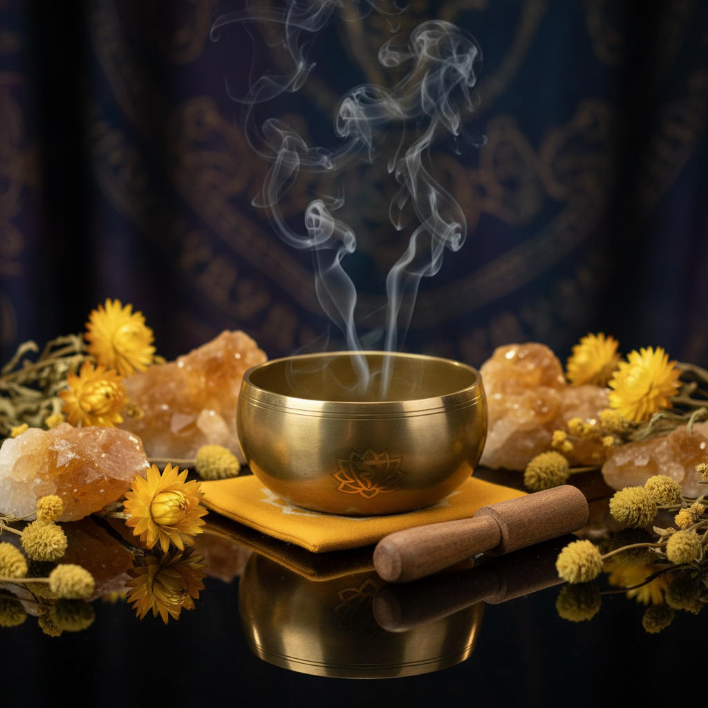 Bol chantant chakra plexus solaire doré avec maillet sur fond sombre entouré de cristaux de citrine et fleurs séchées