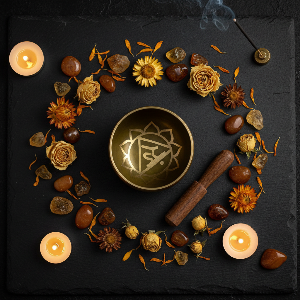 Vue du dessus d'un bol chantant chakra plexus solaire sur ardoise noire avec cristaux d'ambre pierres et fleurs séchées