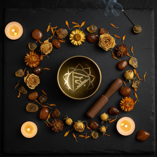 Vue du dessus d'un bol chantant chakra plexus solaire sur ardoise noire avec cristaux d'ambre pierres et fleurs séchées