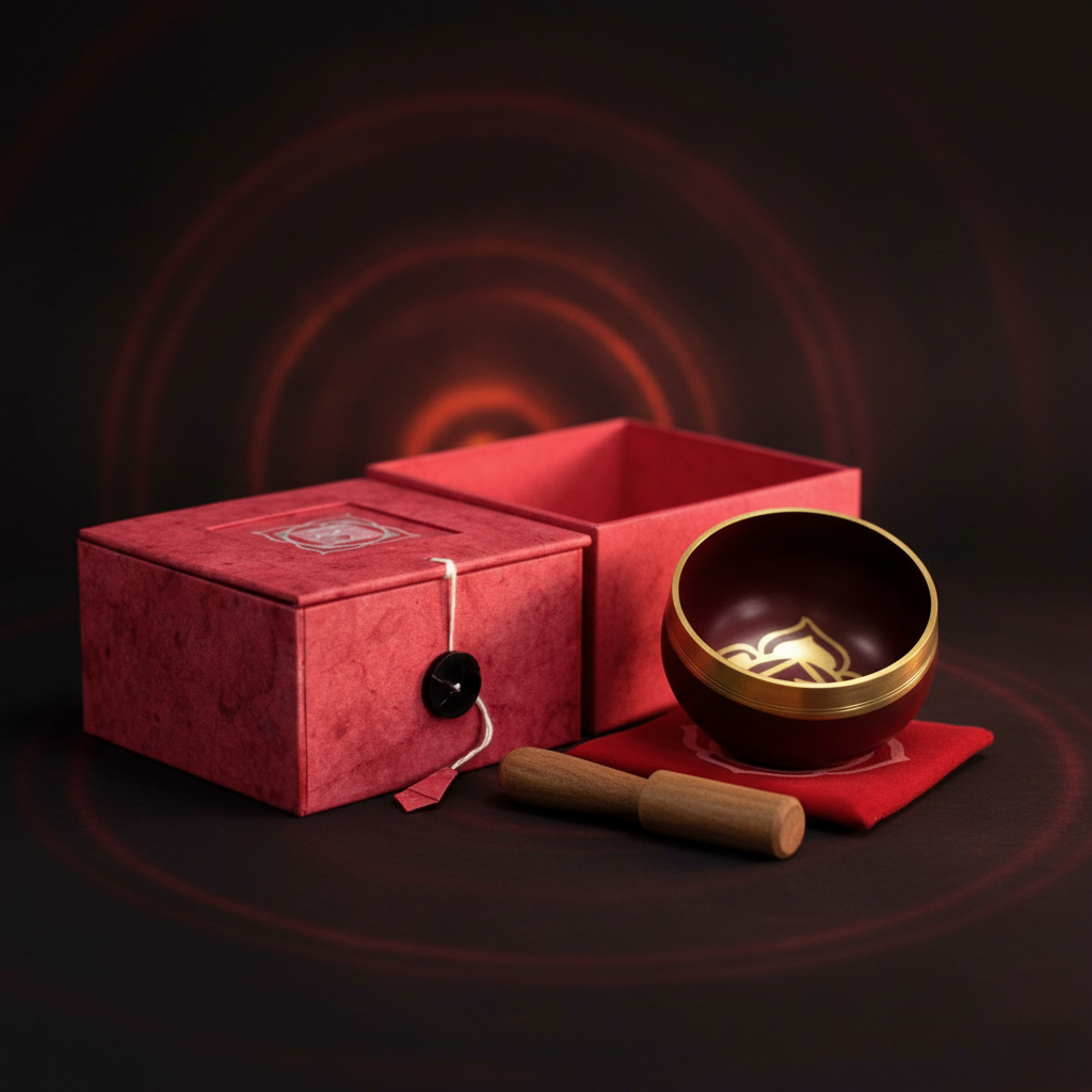 Bol chantant chakra racine rouge présenté avec son packaging rouge texturé et son symbole chakra sur fond sombre, idéal comme cadeau ésotérique