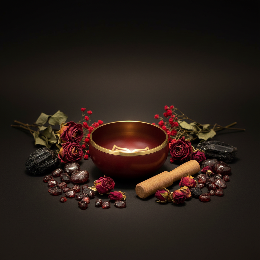 Bol chantant chakra racine rouge avec symbole gravé et maillet sur fond sombre entouré de grenat, obsidienne et fleurs séchées rouges
