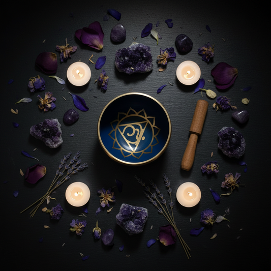 Vue du dessus d'un bol chantant chakra troisième œil indigo sur ardoise noire avec cristaux d'améthyste et fleurs séchées