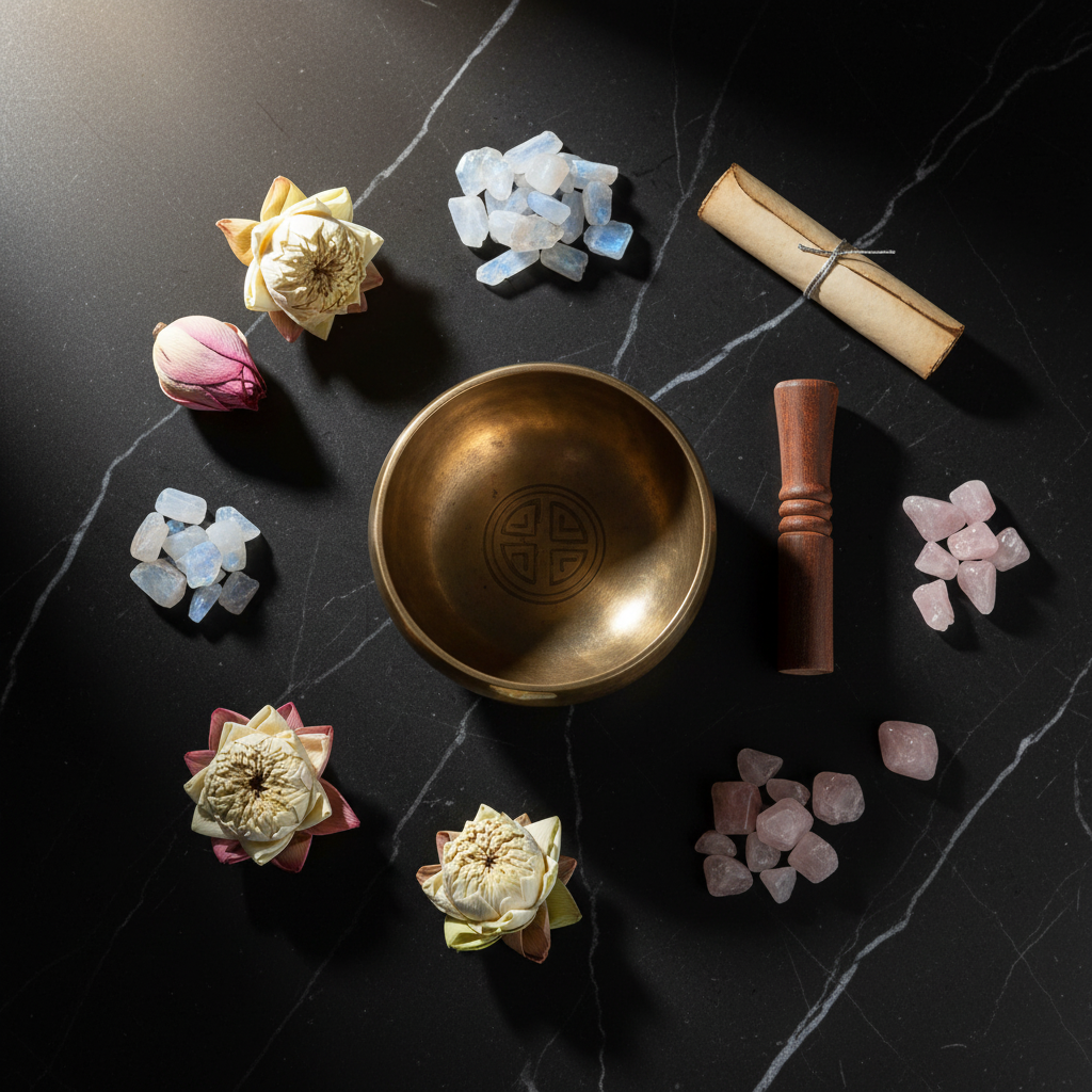 Flat lay du bol chantant lunaire népalais avec maillet, cristaux, fleurs de lotus et quartz rose sur marbre noir, vue du dessus