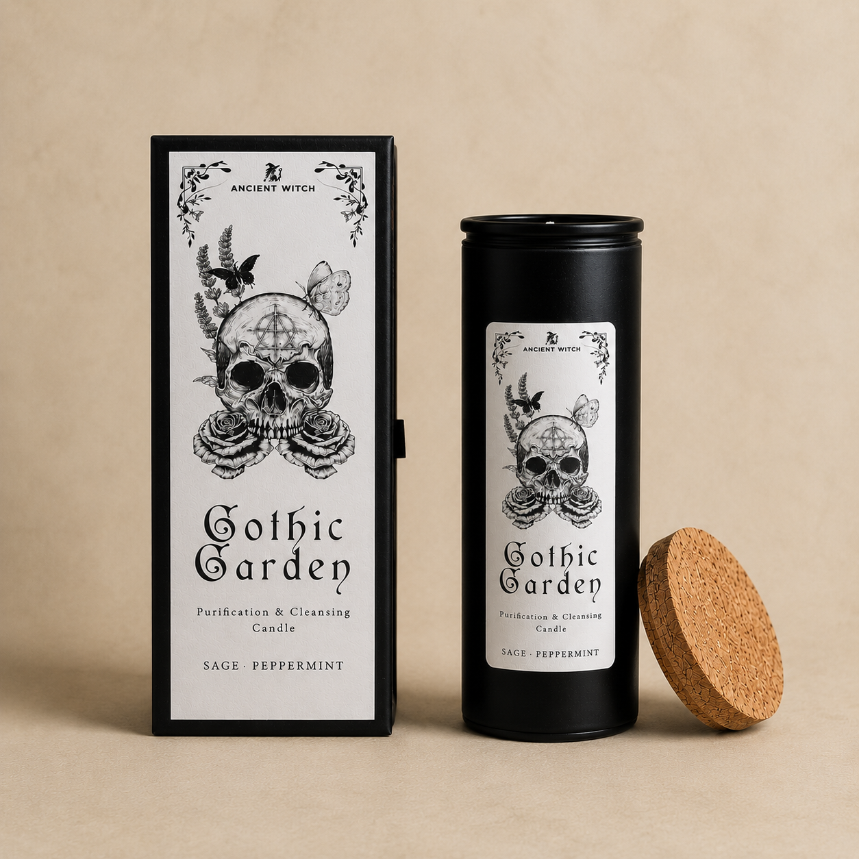 Bougie rituelle Gothic Garden avec coffret noir sur fond beige minimaliste