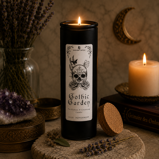 Bougie rituelle Gothic Garden parfum sauge et menthe poivrée dans une ambiance mystique de purification énergétique