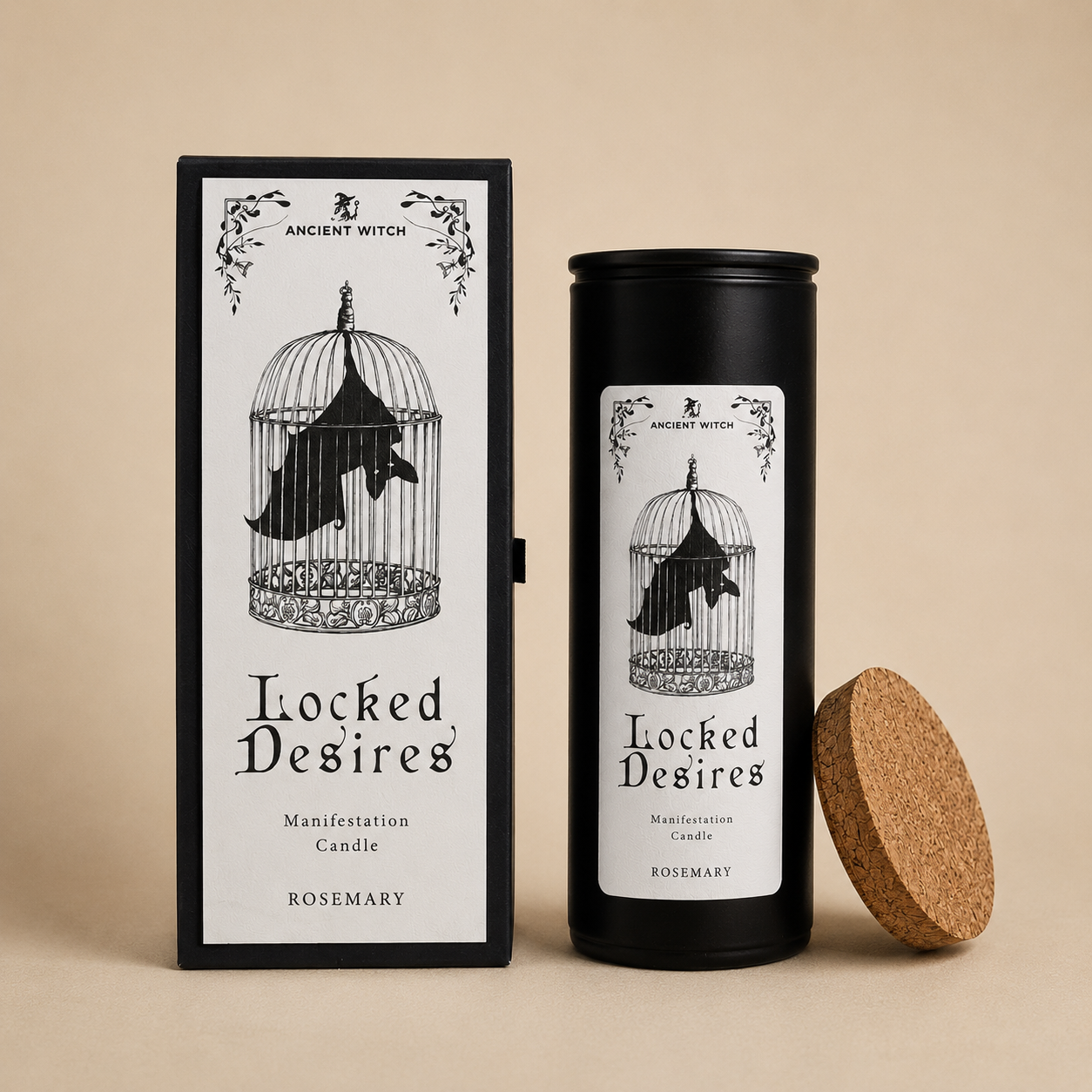 Bougie rituelle Locked Desires avec coffret noir sur fond beige minimaliste