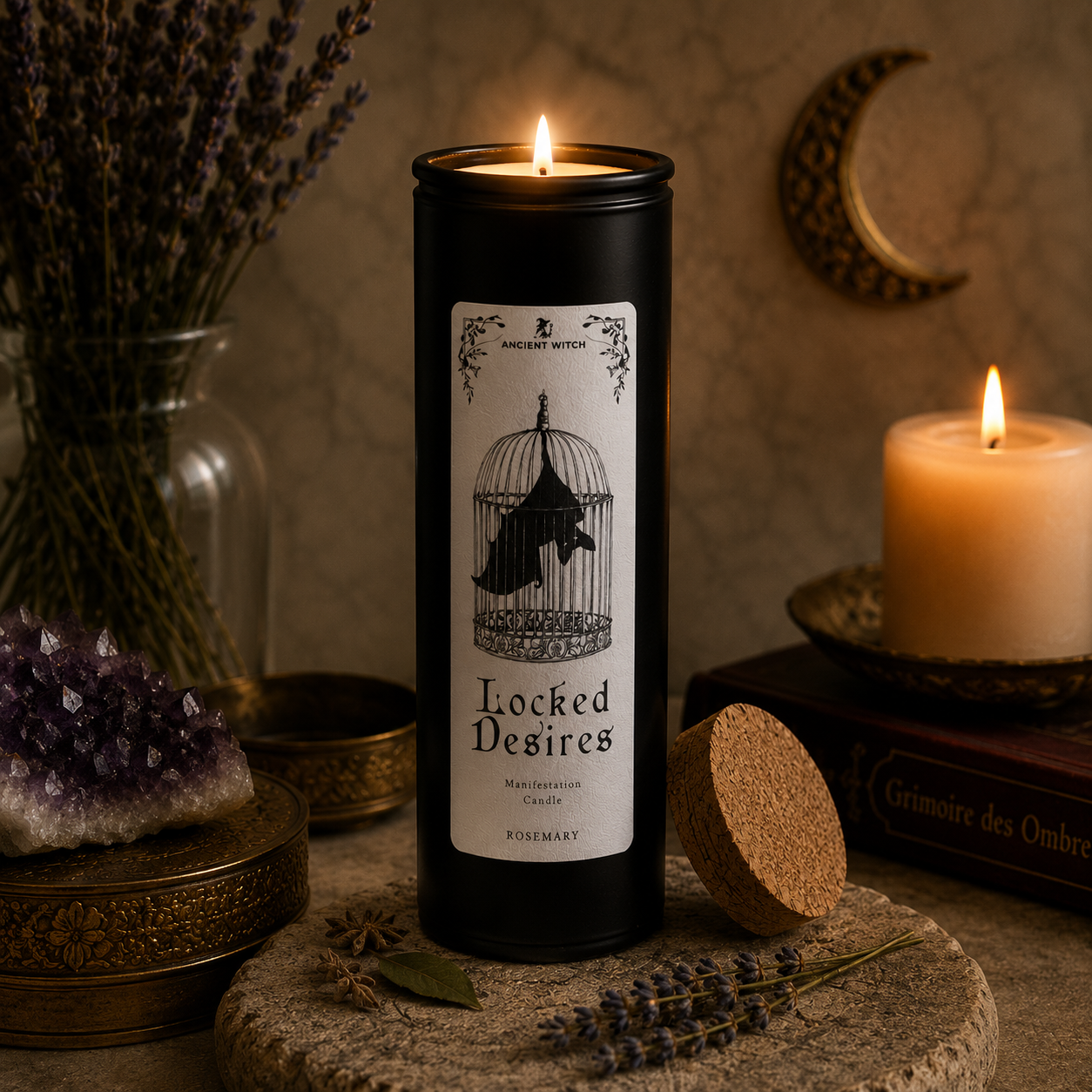 Bougie rituelle Locked Desires parfum romarin dans une ambiance mystique avec cristaux, herbes et lumière de bougie