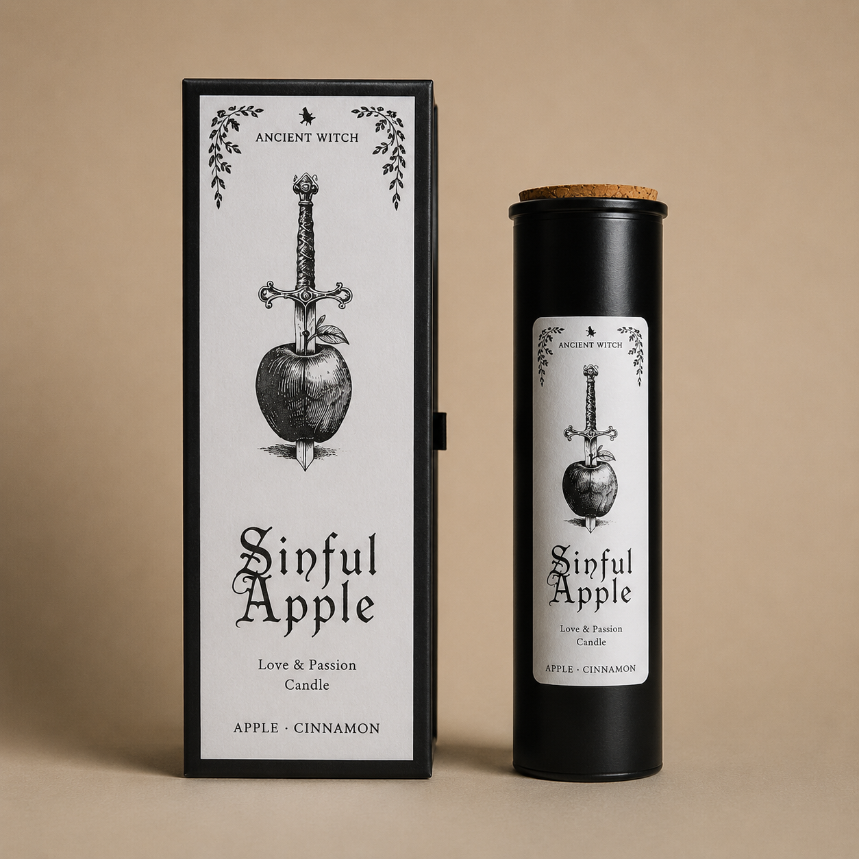 Bougie rituelle Sinful Apple avec coffret noir sur fond beige minimaliste