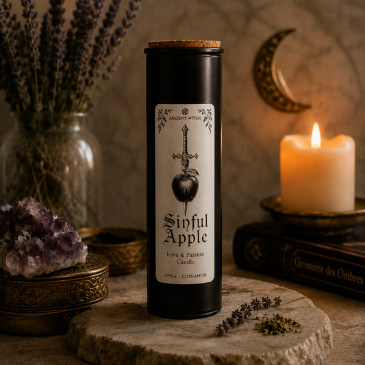 Bougie rituelle Sinful Apple parfum pomme et cannelle dans une ambiance mystique avec cristaux et lumière de bougie