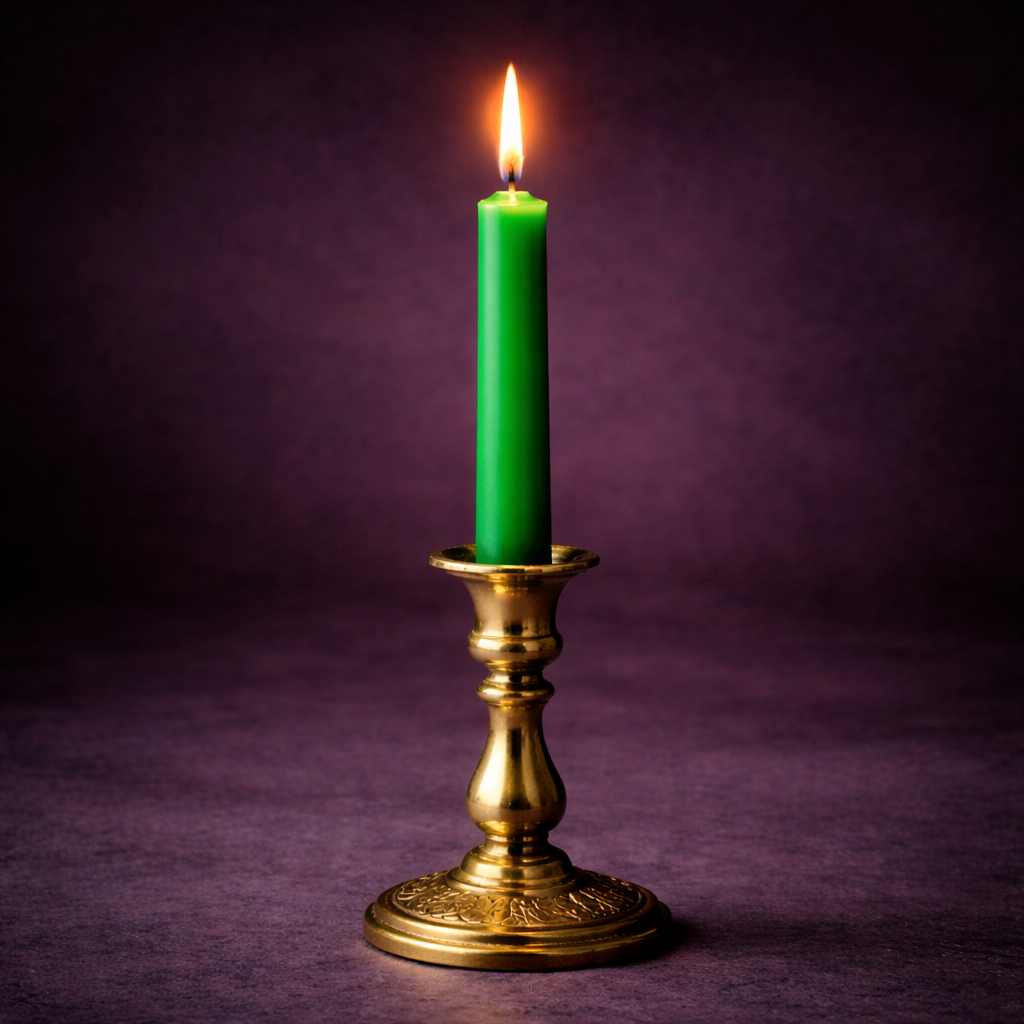 bougie rituelle verte allumee dans chandelier magie abondance chance prosperite rituel