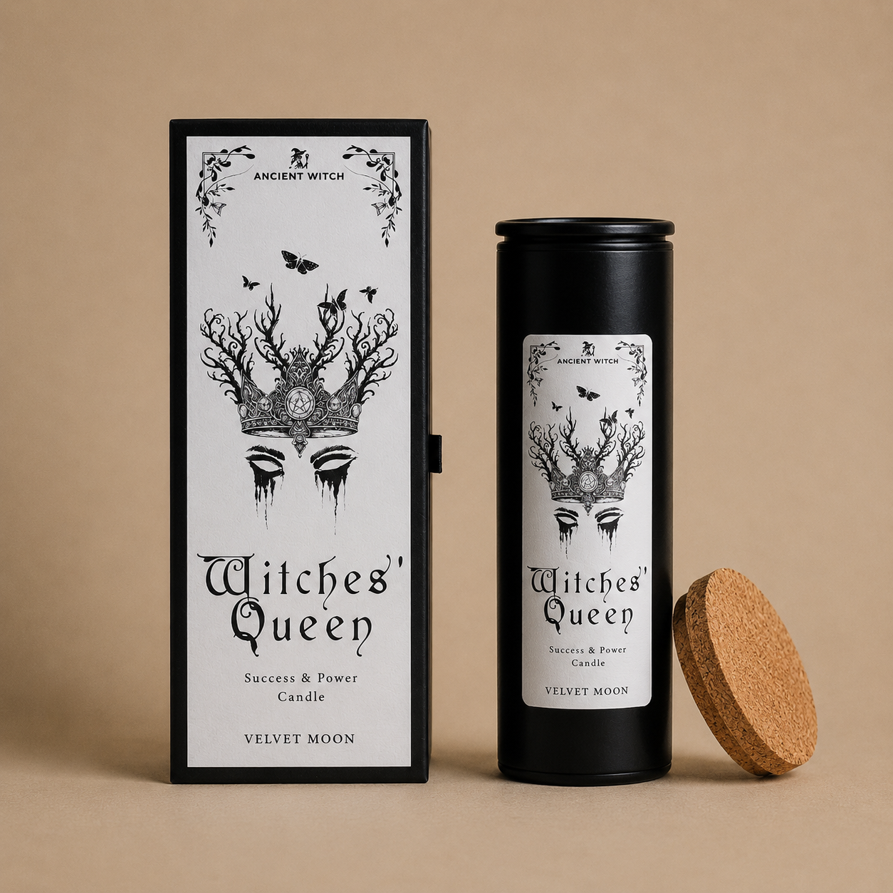 Bougie rituelle Witches Queen avec coffret noir sur fond beige minimaliste
