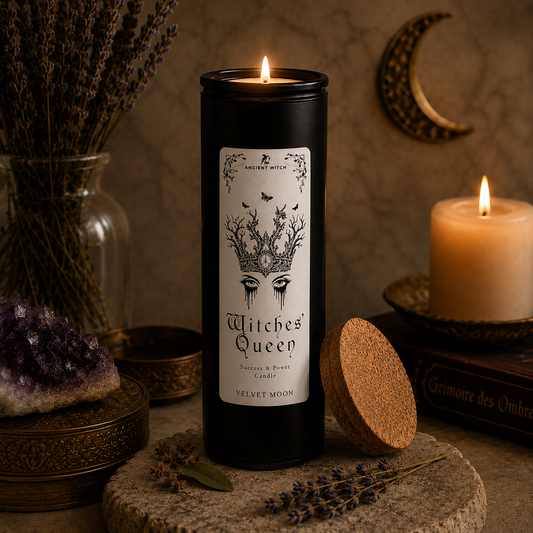 Bougie rituelle Witches Queen parfum Velvet Moon dans une ambiance mystique avec cristaux et lumière de bougie