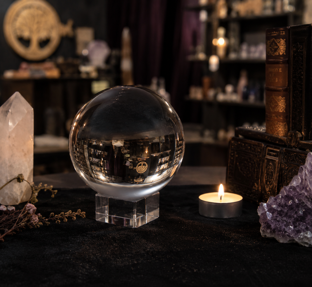 Boule de cristal de divination 100 mm sur support avec ambiance ésotérique et bougie