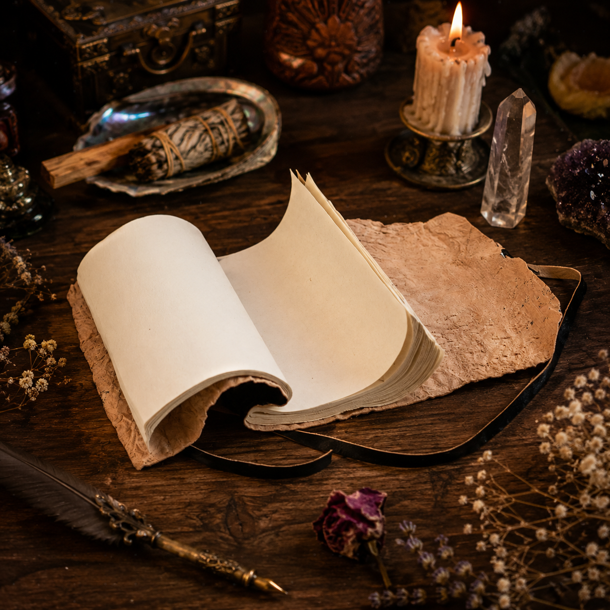 Carnet artisanal en cuir ouvert sur un autel ésotérique avec bougie, cristal et sauge blanche pour rituels et écriture spirituelle.