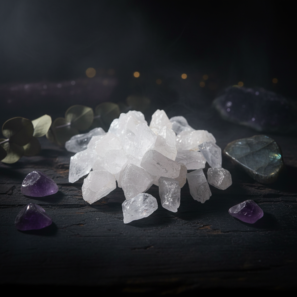 Cristaux de roche bruts aux facettes naturelles et transparence lumineuse sur fond sombre, entourés de fleurs séchées et cristaux