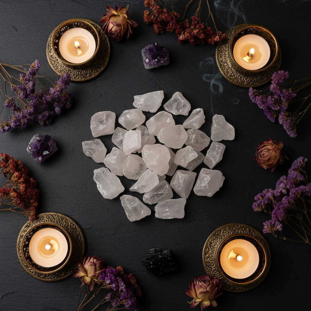 Vue du dessus de cristaux de roche bruts sur ardoise noire entourés de fleurs séchées, bougies et cristaux dans une ambiance mystique