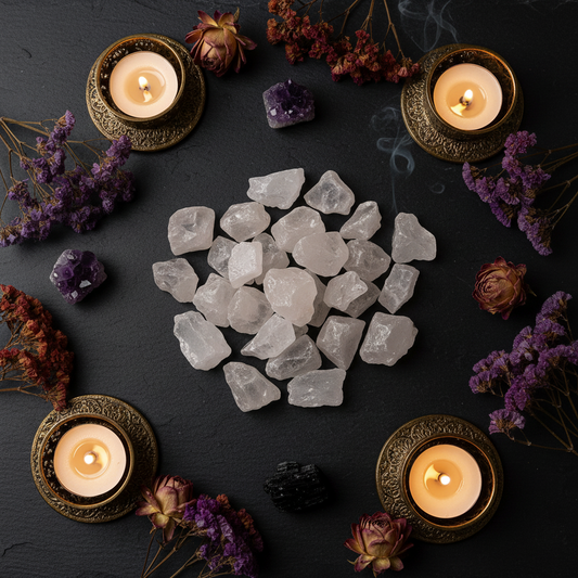 Vue du dessus de cristaux de roche bruts sur ardoise noire entourés de fleurs séchées, bougies et cristaux dans une ambiance mystique