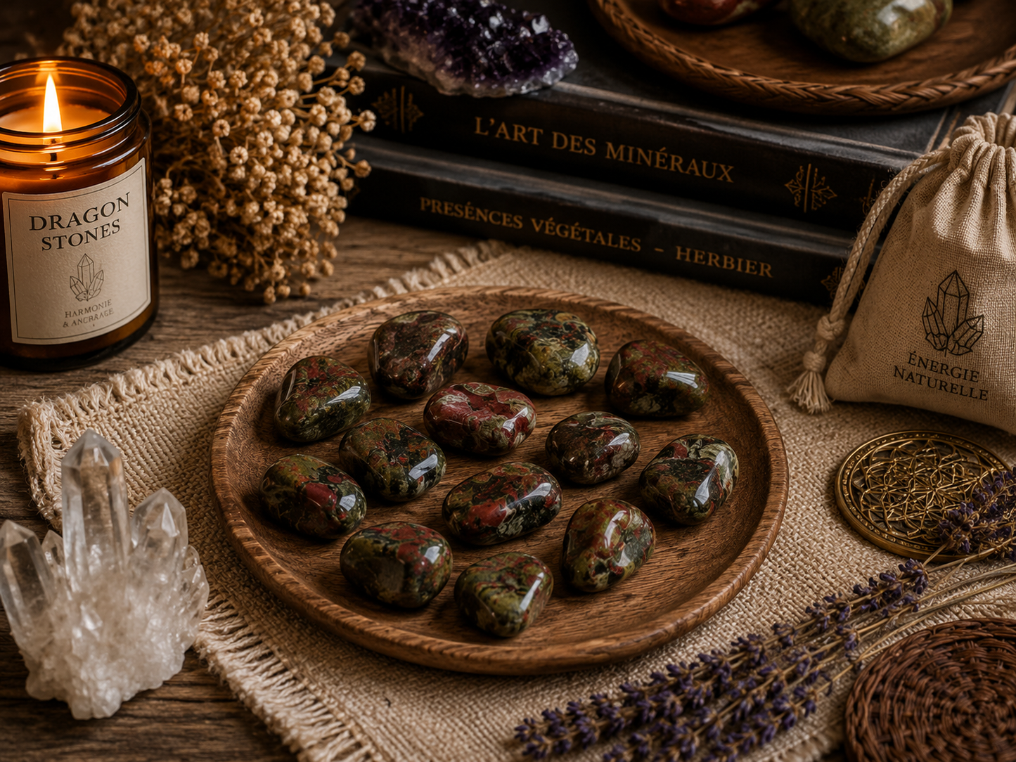 Sachet de 12 pierres roulées Dragon Stone naturelles vertes et rouges – Pierre africaine pour lithothérapie et ancrage énergétique